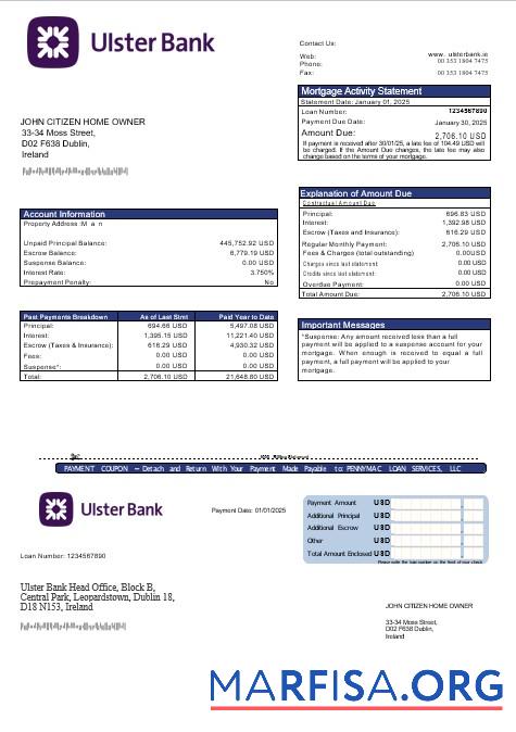 Downloadable Ireland Ulster bank mortgage statement in Word and PDF formats sample